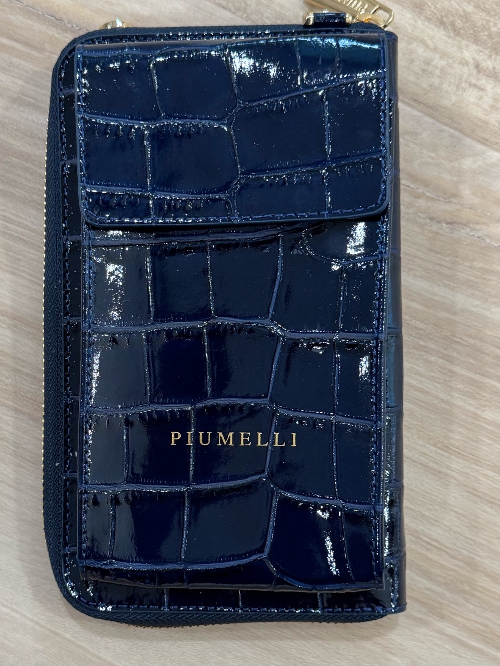 Piumelli Navy Patent Croc-Embossed Zip Wallet purse